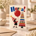 Kartka urodzinowa dla dziecka „Hurra!” - z tortem i balonem